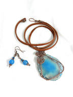 Copper Wire Wrapped Blue Druzy Geode Agate Pendant with Matching Earrings and a Brown Suede Necklace