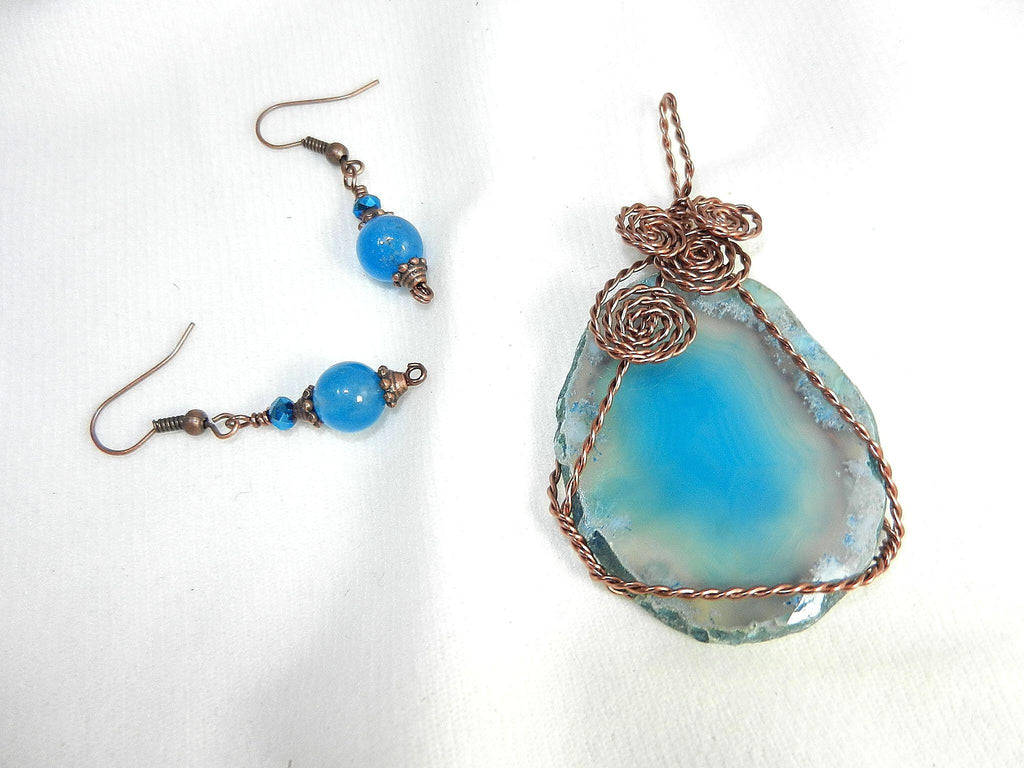 Copper Wire Wrapped Blue Druzy Geode Agate Pendant with Matching Earrings and a Brown Suede Necklace