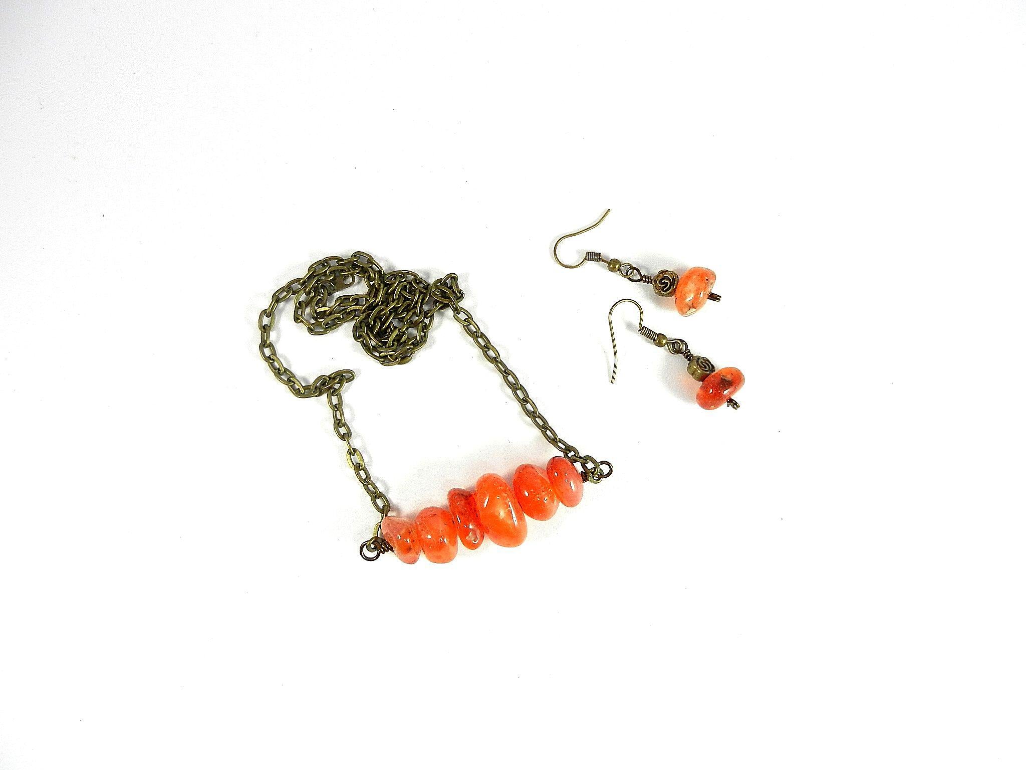 Peach and Orange Agate Nugget Bar Necklace Bronze Wire Wrapped with Matching Earrings
