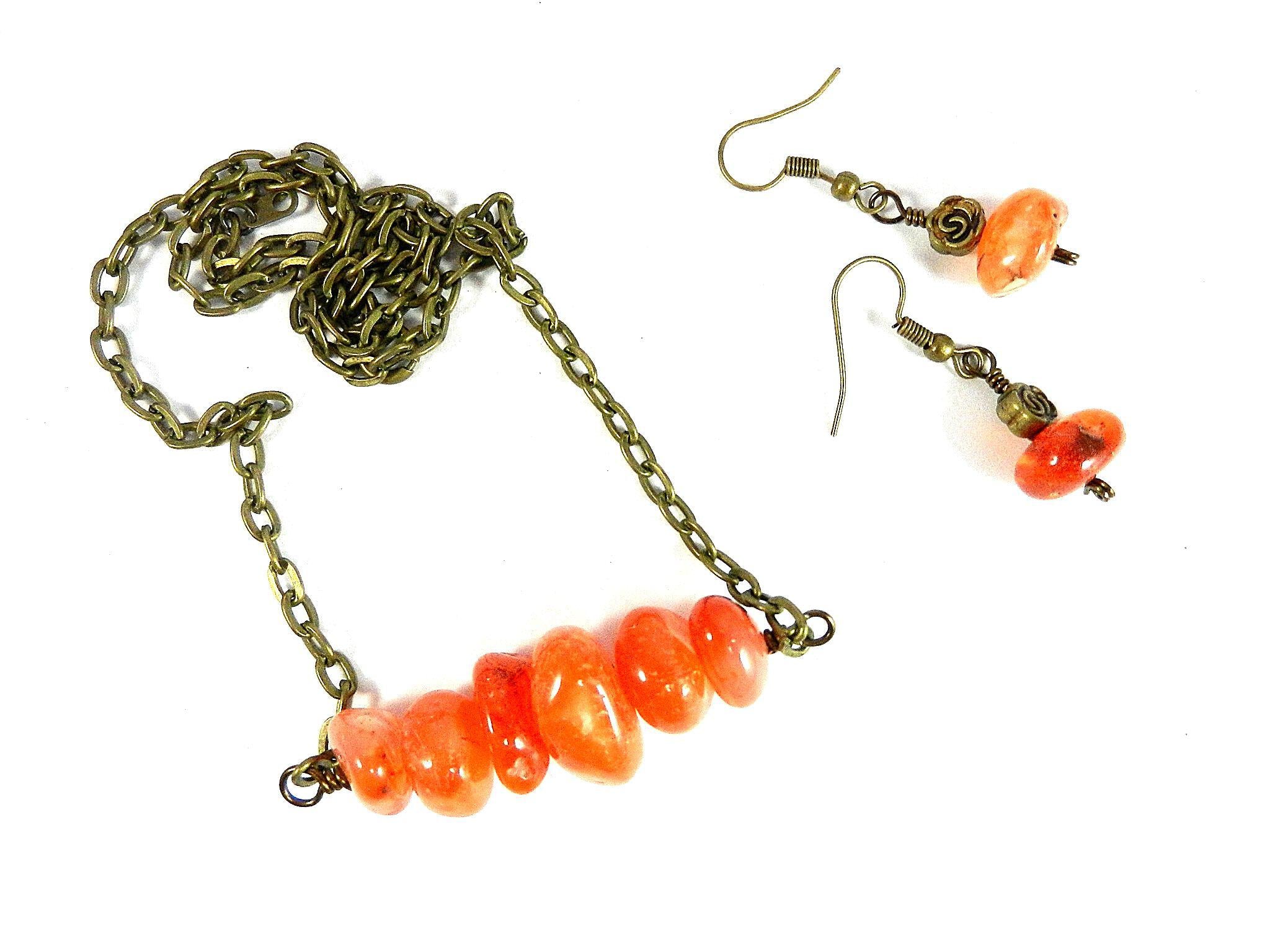 Peach and Orange Agate Nugget Bar Necklace Bronze Wire Wrapped with Matching Earrings