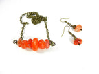 Peach and Orange Agate Nugget Bar Necklace Bronze Wire Wrapped with Matching Earrings