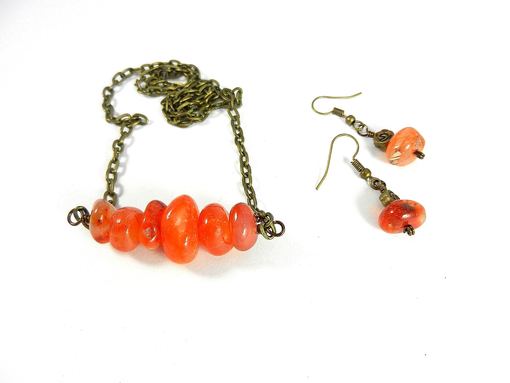 Peach and Orange Agate Nugget Bar Necklace Bronze Wire Wrapped with Matching Earrings