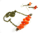 Peach and Orange Agate Nugget Bar Necklace Bronze Wire Wrapped with Matching Earrings