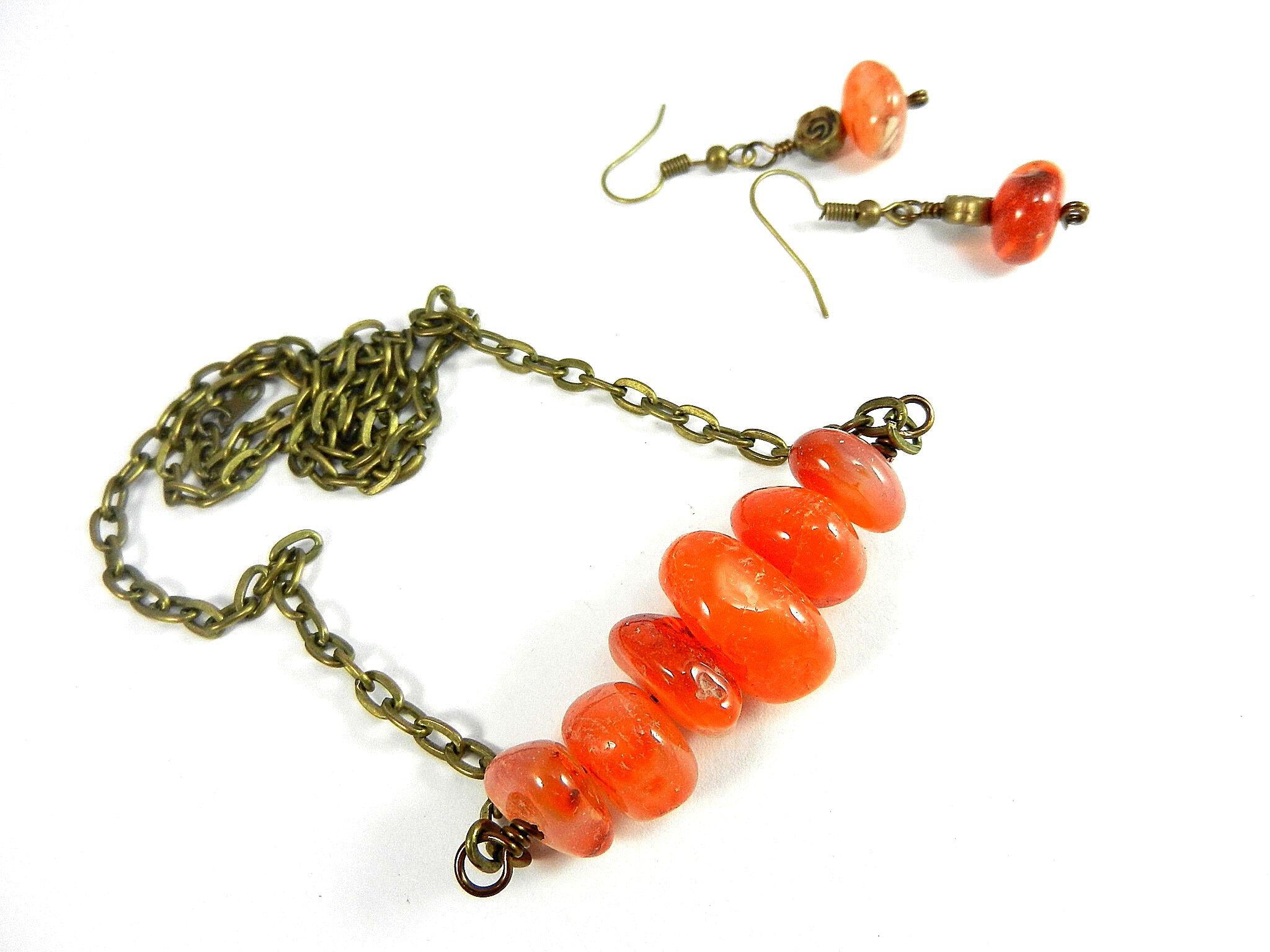 Peach and Orange Agate Nugget Bar Necklace Bronze Wire Wrapped with Matching Earrings