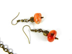 Peach and Orange Agate Nugget Bar Necklace Bronze Wire Wrapped with Matching Earrings