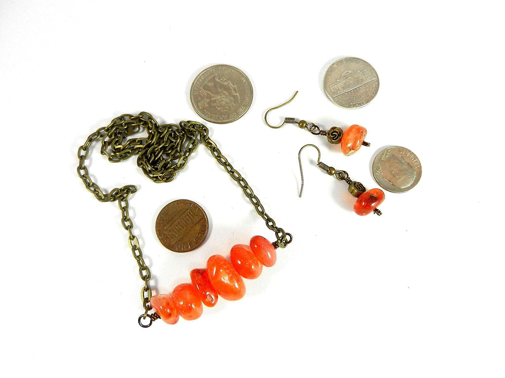 Peach and Orange Agate Nugget Bar Necklace Bronze Wire Wrapped with Matching Earrings