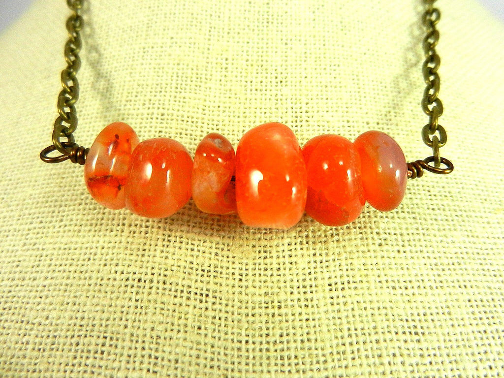 Peach and Orange Agate Nugget Bar Necklace Bronze Wire Wrapped with Matching Earrings