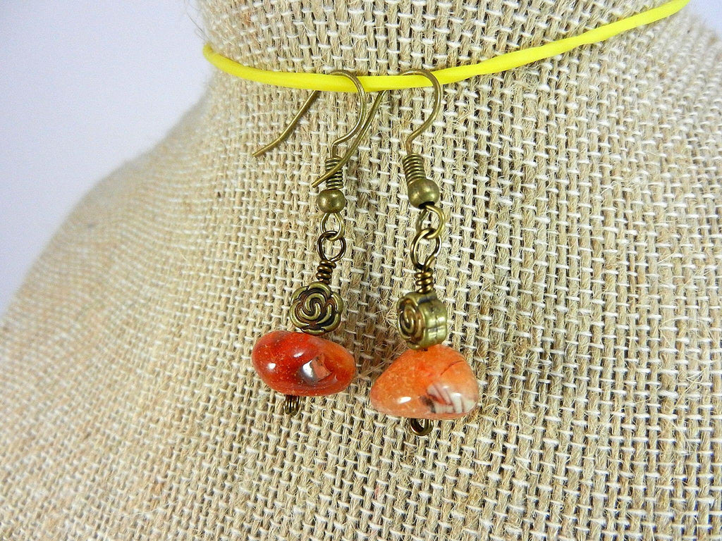 Peach and Orange Agate Nugget Bar Necklace Bronze Wire Wrapped with Matching Earrings