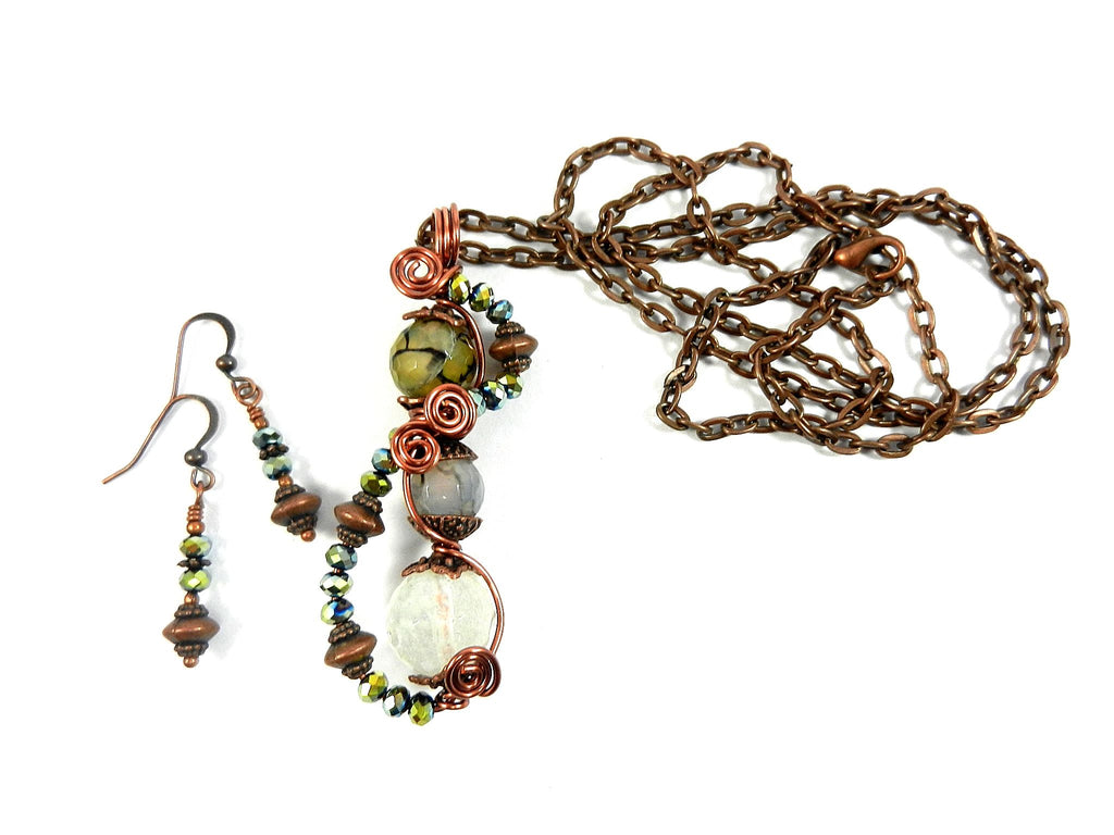 Quartz Crystal and Dragons Vein Agate Gemstone Pendant Copper Wire Wrapped with Matching Earrings