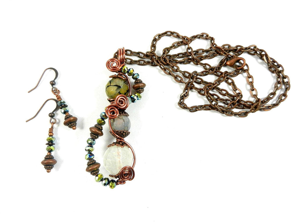Quartz Crystal and Dragons Vein Agate Gemstone Pendant Copper Wire Wrapped with Matching Earrings