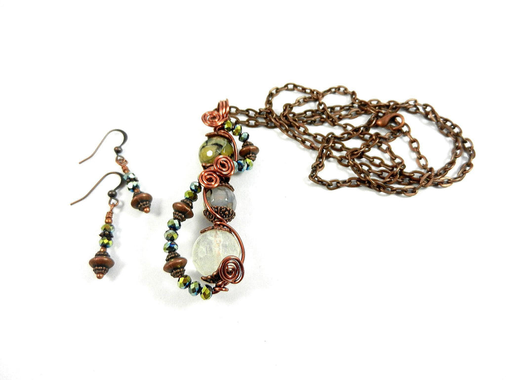 Quartz Crystal and Dragons Vein Agate Gemstone Pendant Copper Wire Wrapped with Matching Earrings