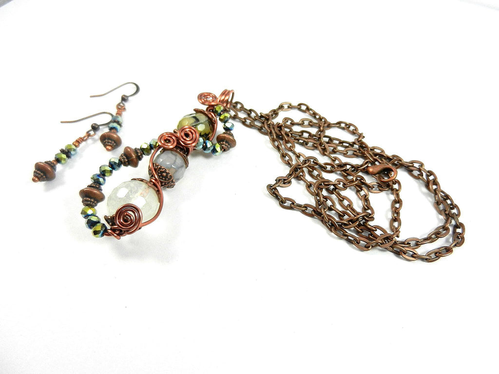 Quartz Crystal and Dragons Vein Agate Gemstone Pendant Copper Wire Wrapped with Matching Earrings
