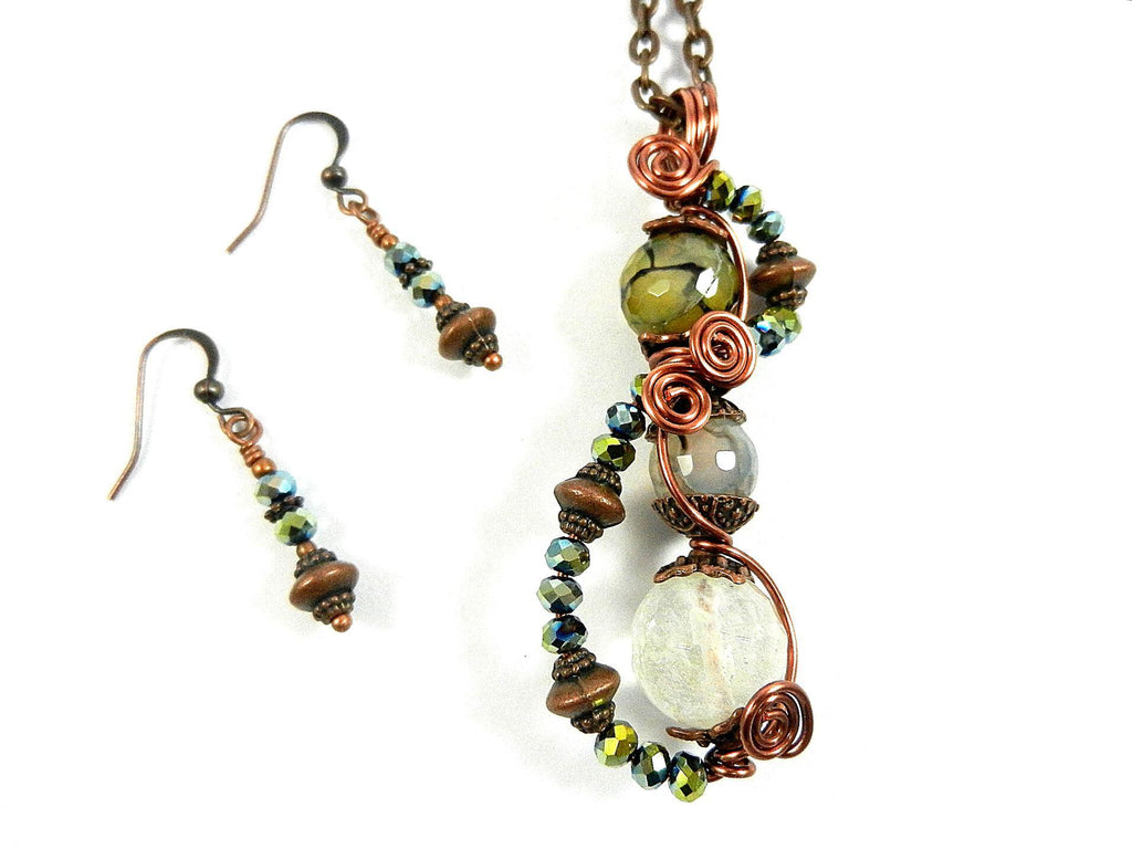 Quartz Crystal and Dragons Vein Agate Gemstone Pendant Copper Wire Wrapped with Matching Earrings