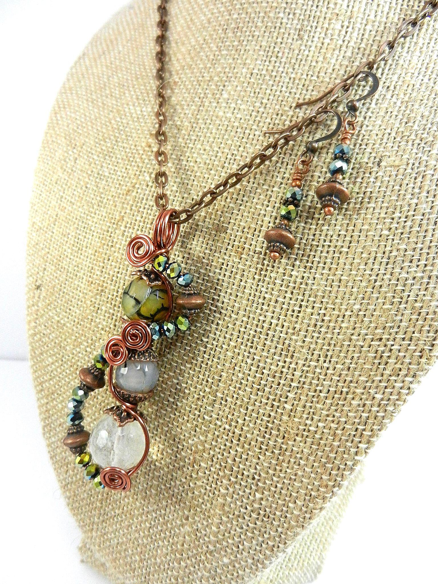Quartz Crystal and Dragons Vein Agate Gemstone Pendant Copper Wire Wrapped with Matching Earrings