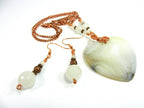 White Cream and Tan Agate Heart Gemstone Pendant Necklace Wire Wrapped with Copper Wire with White Jade and Copper Earrings