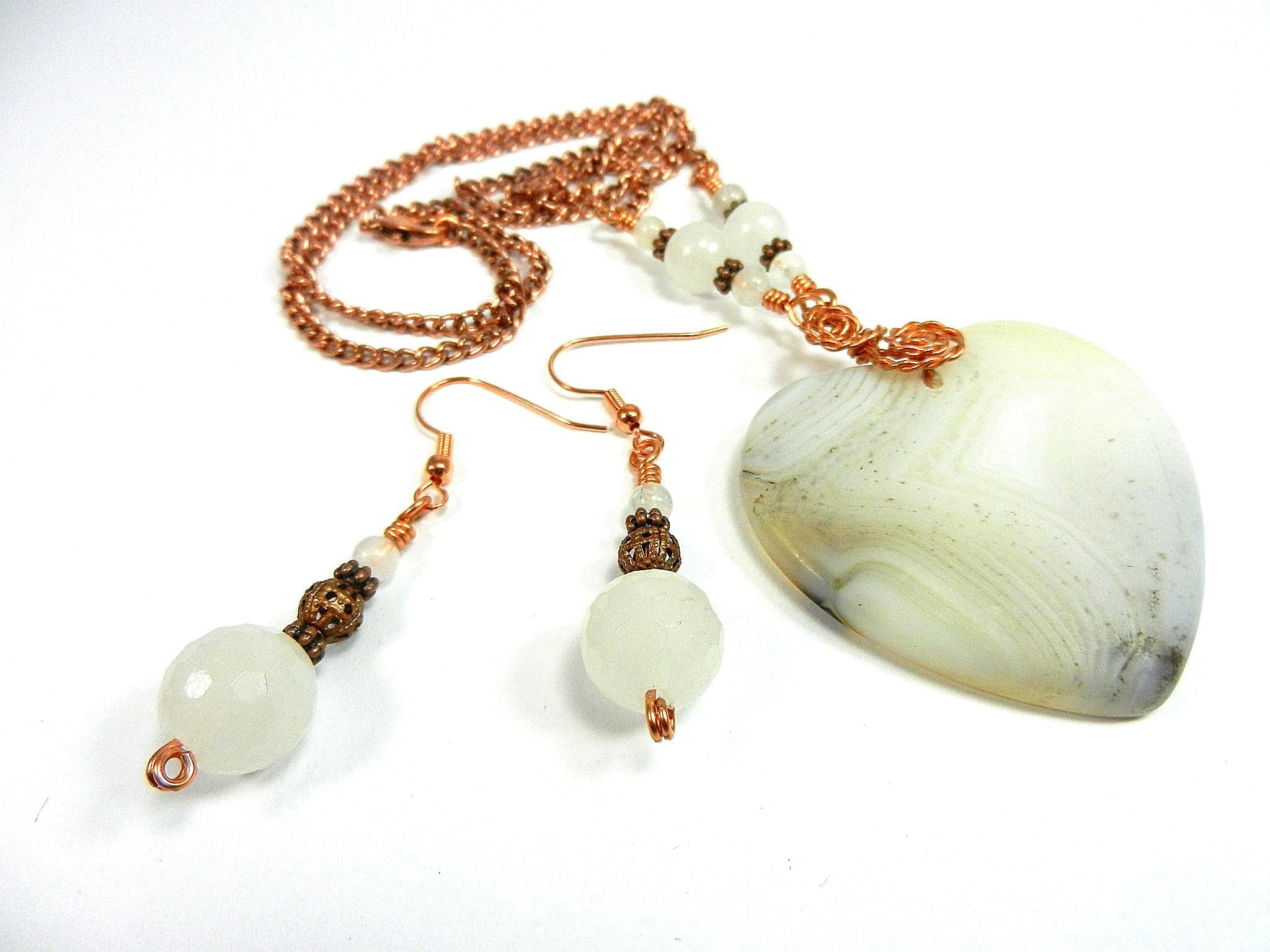 White Cream and Tan Agate Heart Gemstone Pendant Necklace Wire Wrapped with Copper Wire with White Jade and Copper Earrings