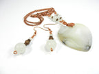 White Cream and Tan Agate Heart Gemstone Pendant Necklace Wire Wrapped with Copper Wire with White Jade and Copper Earrings