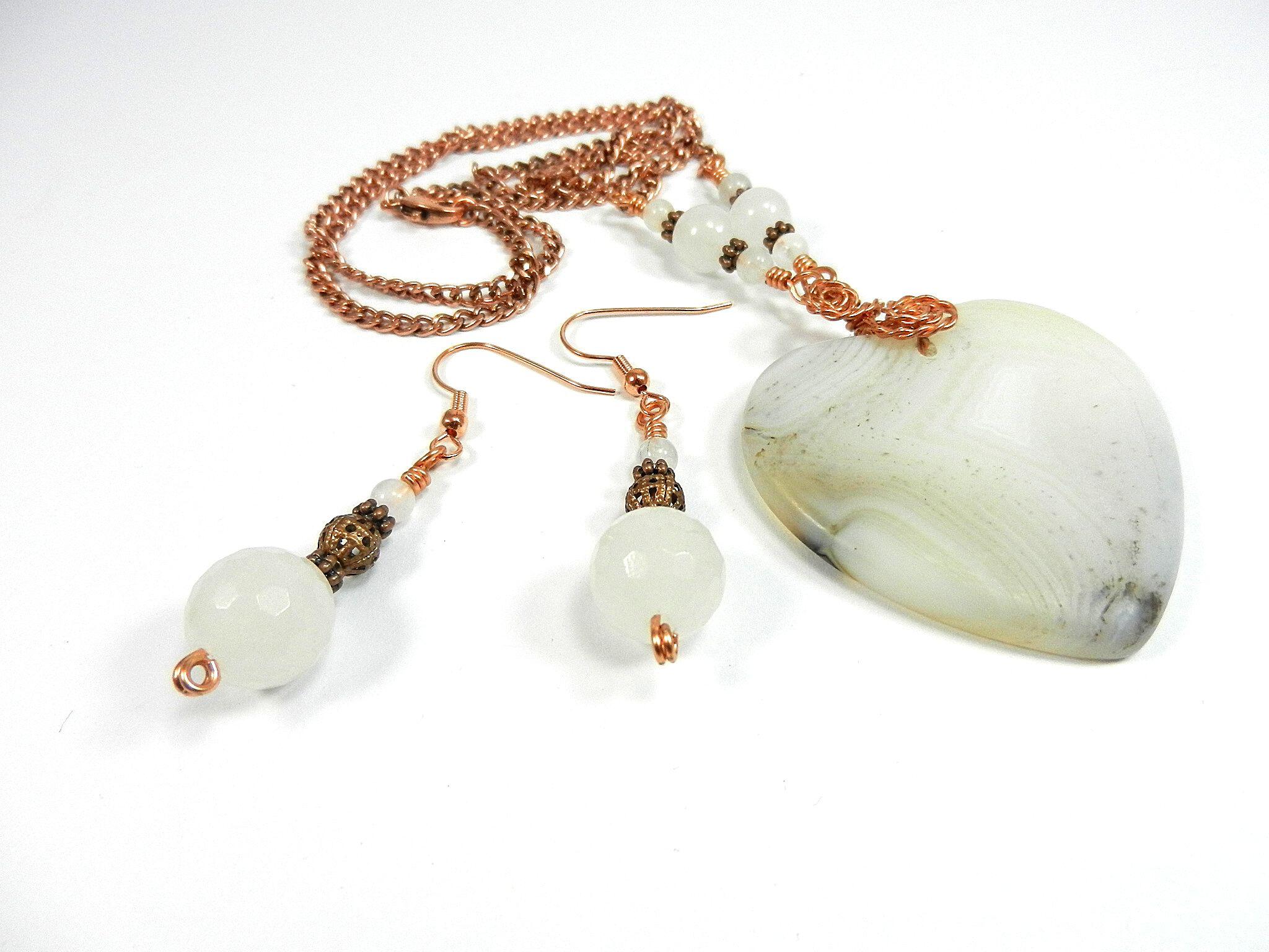 White Cream and Tan Agate Heart Gemstone Pendant Necklace Wire Wrapped with Copper Wire with White Jade and Copper Earrings