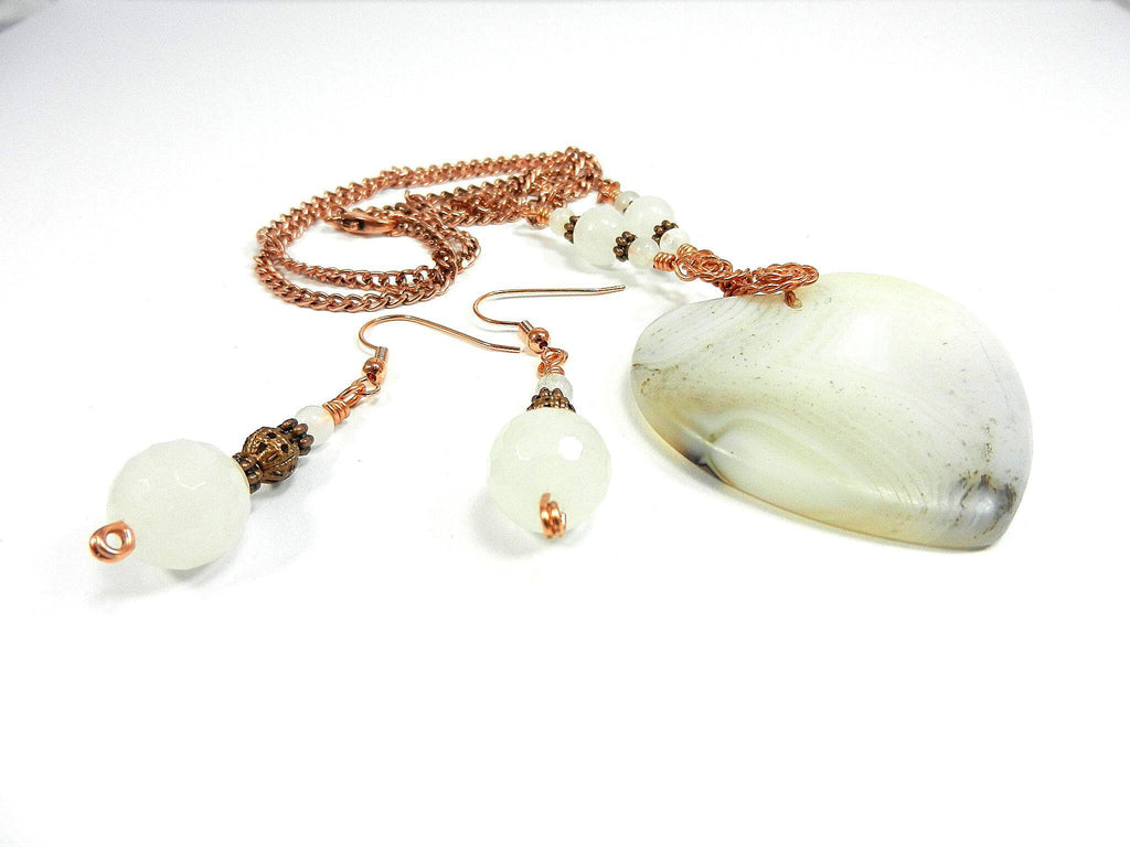 White Cream and Tan Agate Heart Gemstone Pendant Necklace Wire Wrapped with Copper Wire with White Jade and Copper Earrings