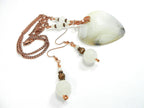 White Cream and Tan Agate Heart Gemstone Pendant Necklace Wire Wrapped with Copper Wire with White Jade and Copper Earrings