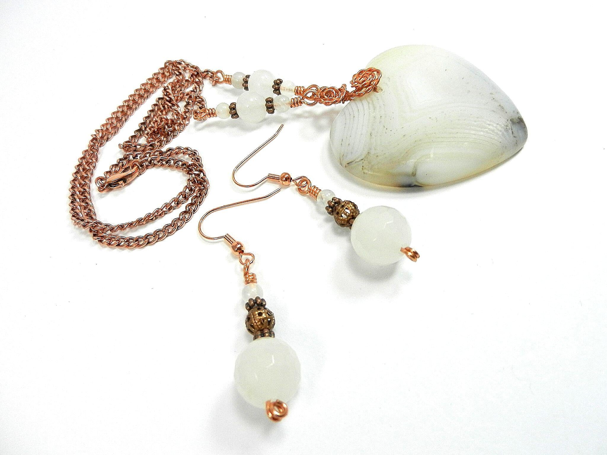 White Cream and Tan Agate Heart Gemstone Pendant Necklace Wire Wrapped with Copper Wire with White Jade and Copper Earrings