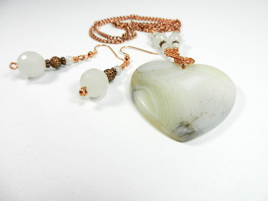 White Cream and Tan Agate Heart Gemstone Pendant Necklace Wire Wrapped with Copper Wire with White Jade and Copper Earrings