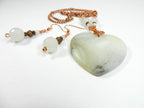 White Cream and Tan Agate Heart Gemstone Pendant Necklace Wire Wrapped with Copper Wire with White Jade and Copper Earrings
