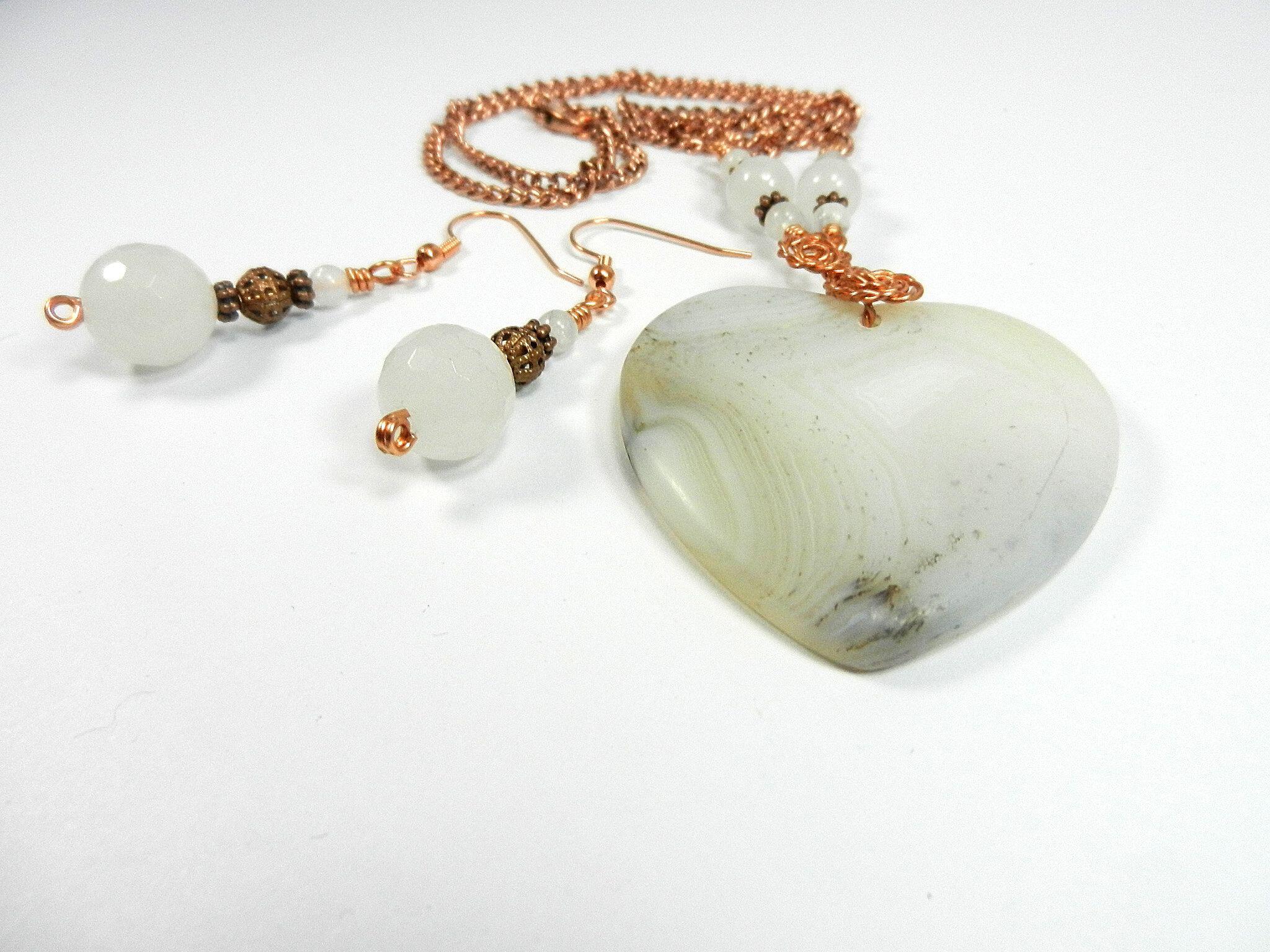 White Cream and Tan Agate Heart Gemstone Pendant Necklace Wire Wrapped with Copper Wire with White Jade and Copper Earrings
