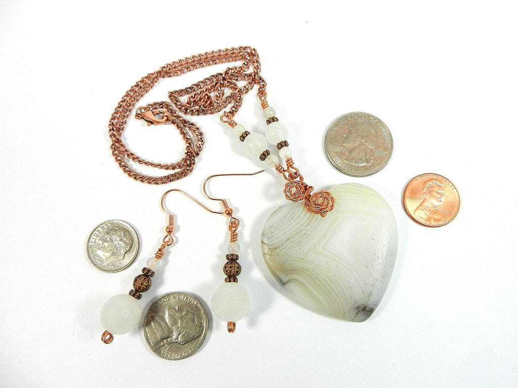 White Cream and Tan Agate Heart Gemstone Pendant Necklace Wire Wrapped with Copper Wire with White Jade and Copper Earrings