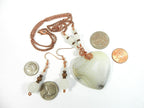 White Cream and Tan Agate Heart Gemstone Pendant Necklace Wire Wrapped with Copper Wire with White Jade and Copper Earrings