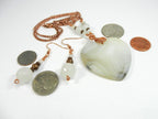 White Cream and Tan Agate Heart Gemstone Pendant Necklace Wire Wrapped with Copper Wire with White Jade and Copper Earrings