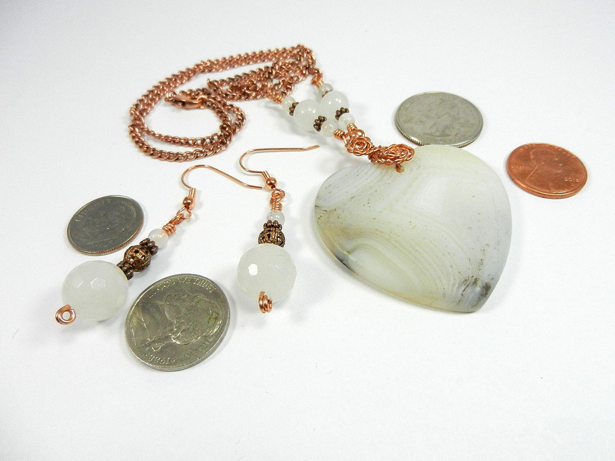 White Cream and Tan Agate Heart Gemstone Pendant Necklace Wire Wrapped with Copper Wire with White Jade and Copper Earrings