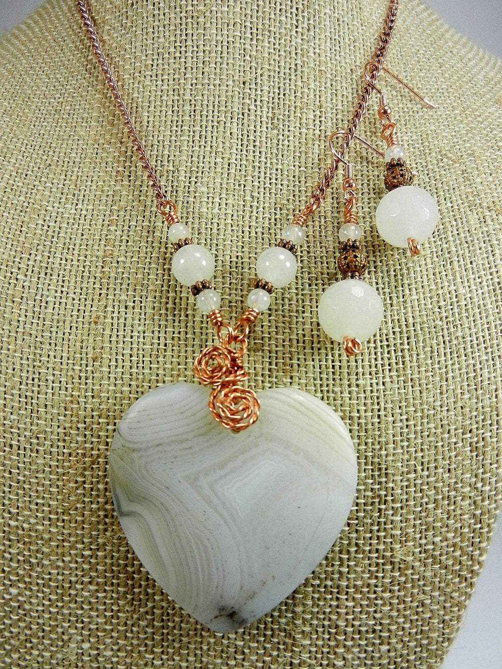 White Cream and Tan Agate Heart Gemstone Pendant Necklace Wire Wrapped with Copper Wire with White Jade and Copper Earrings