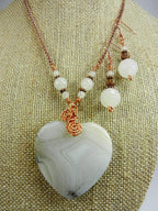 White Cream and Tan Agate Heart Gemstone Pendant Necklace Wire Wrapped with Copper Wire with White Jade and Copper Earrings