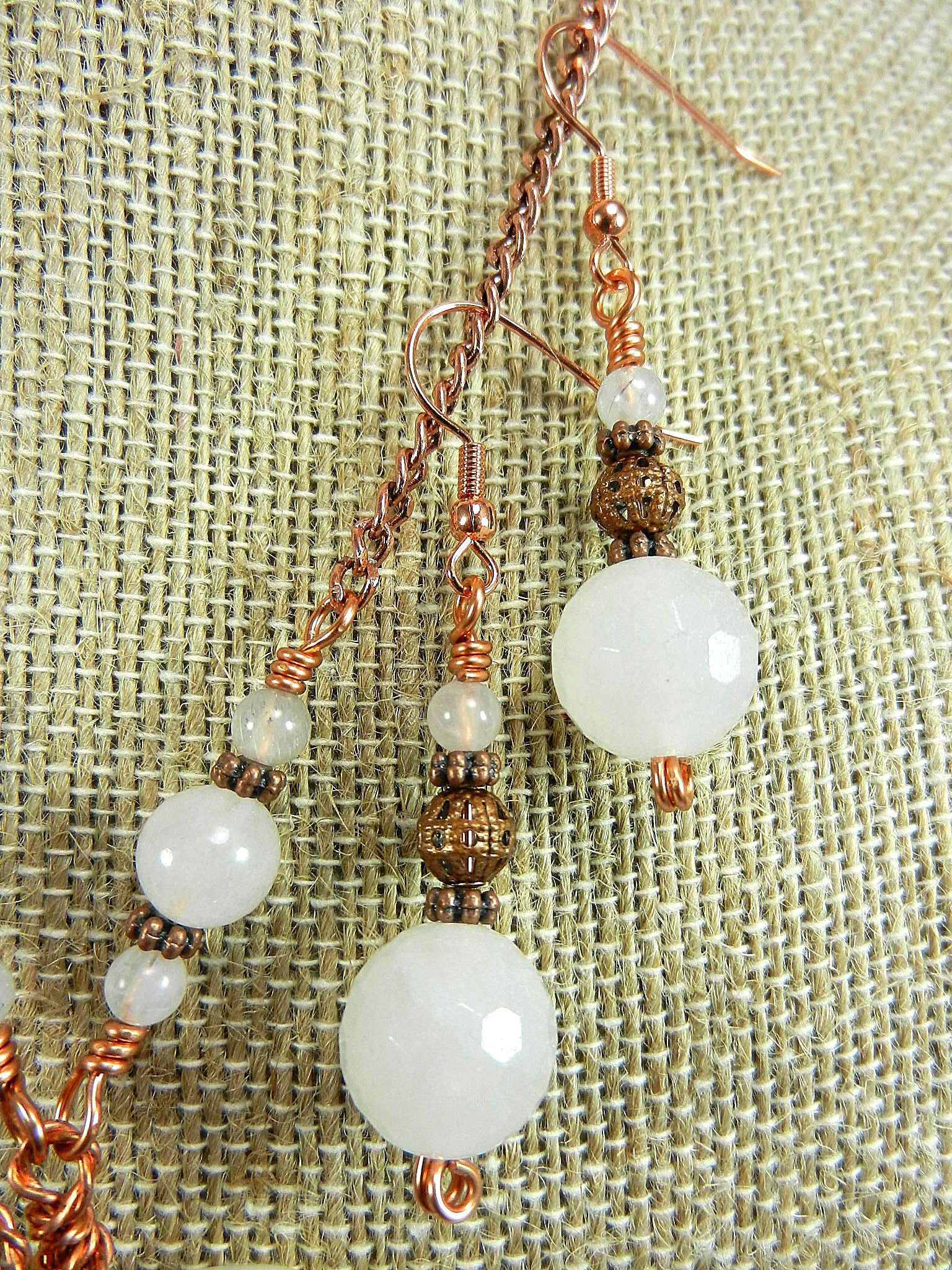 White Cream and Tan Agate Heart Gemstone Pendant Necklace Wire Wrapped with Copper Wire with White Jade and Copper Earrings
