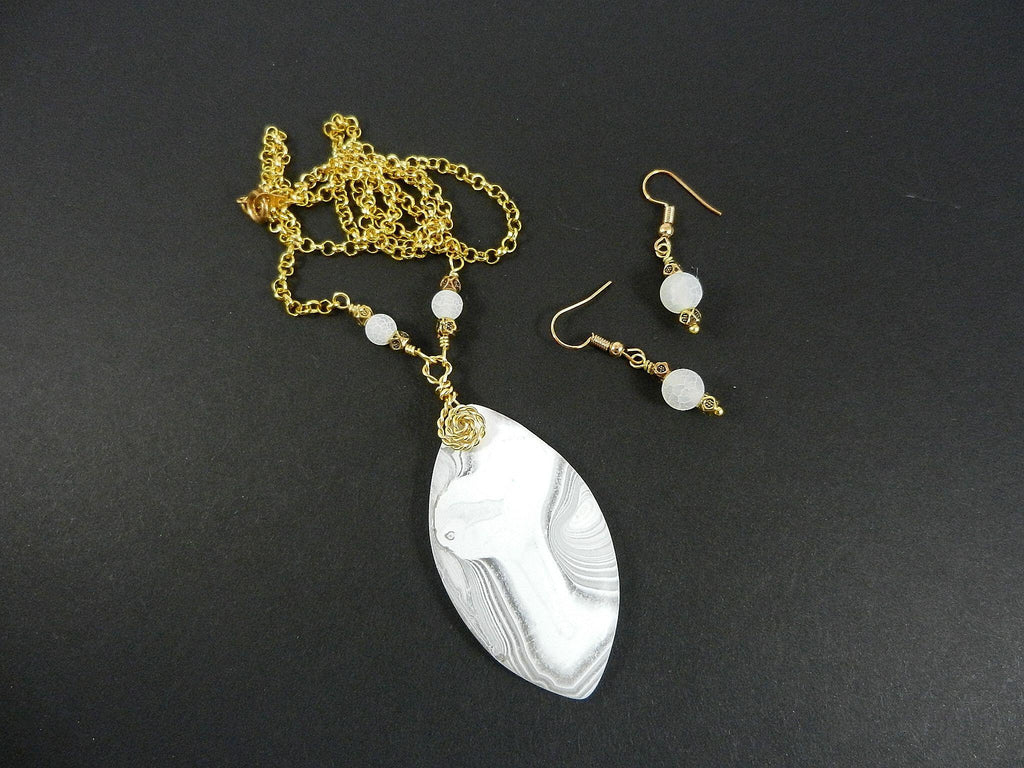 White Frosted Agate Pendant Gold Wire Wrapped with Matching Earrings