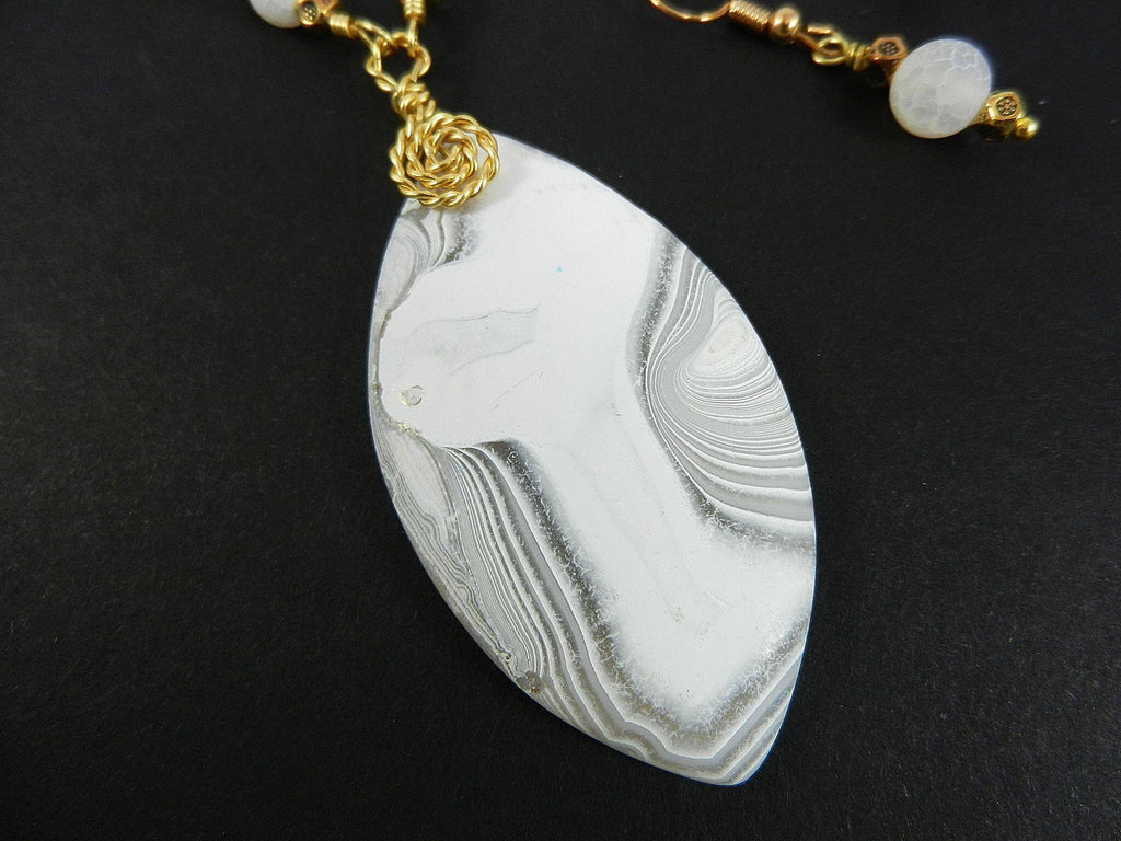 White Frosted Agate Pendant Gold Wire Wrapped with Matching Earrings