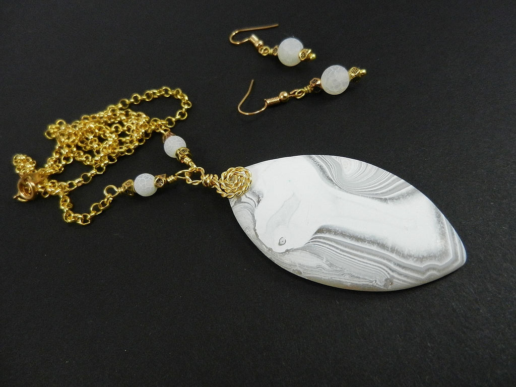 White Frosted Agate Pendant Gold Wire Wrapped with Matching Earrings