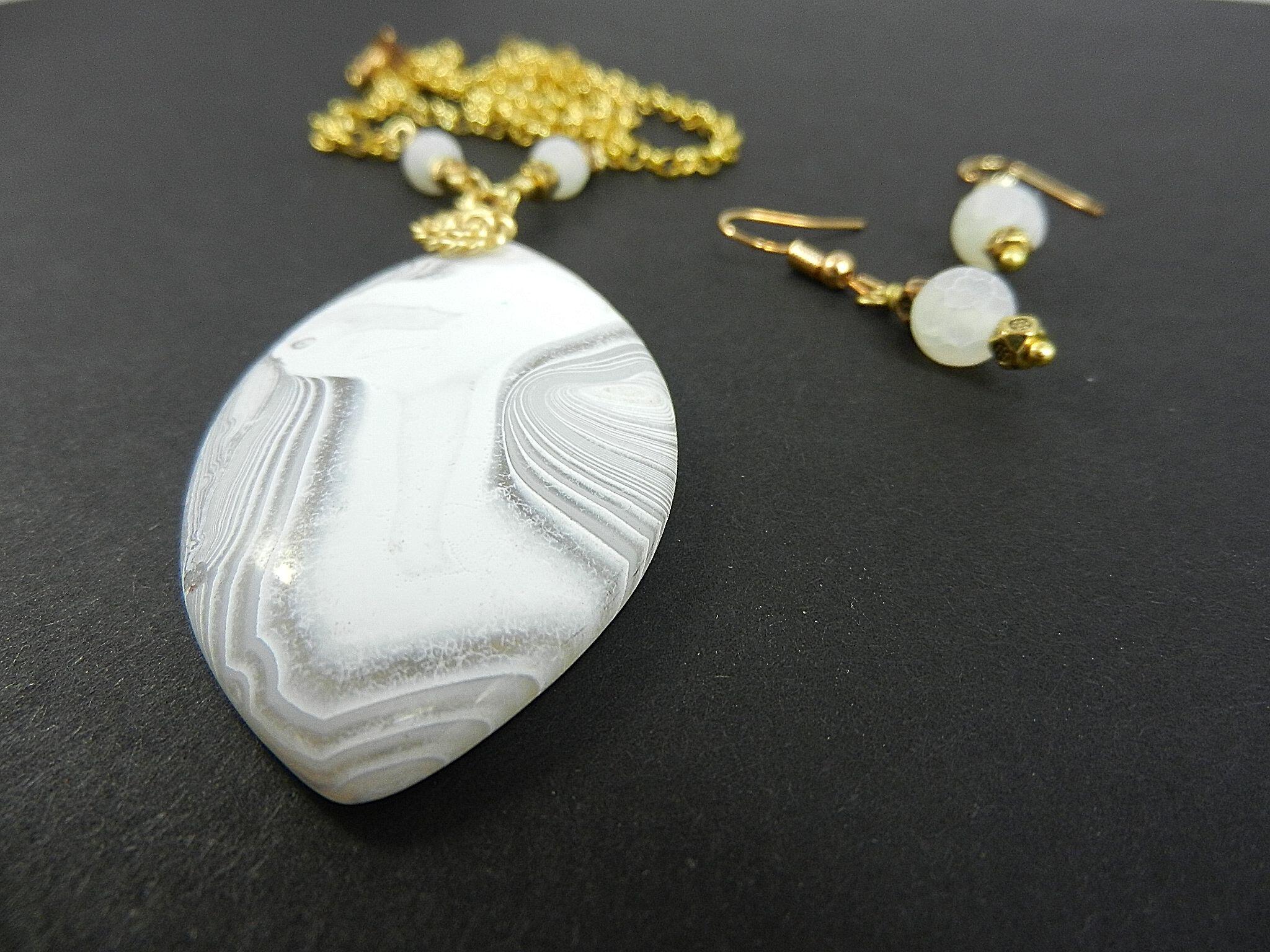 White Frosted Agate Pendant Gold Wire Wrapped with Matching Earrings
