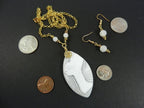 White Frosted Agate Pendant Gold Wire Wrapped with Matching Earrings