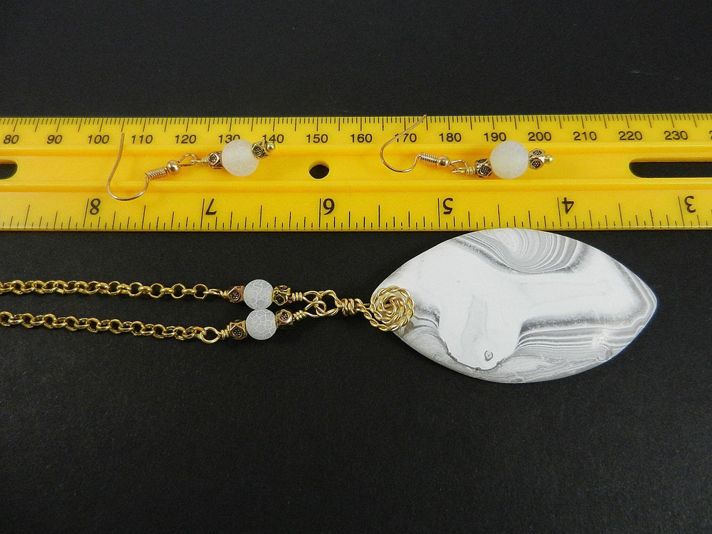 White Frosted Agate Pendant Gold Wire Wrapped with Matching Earrings