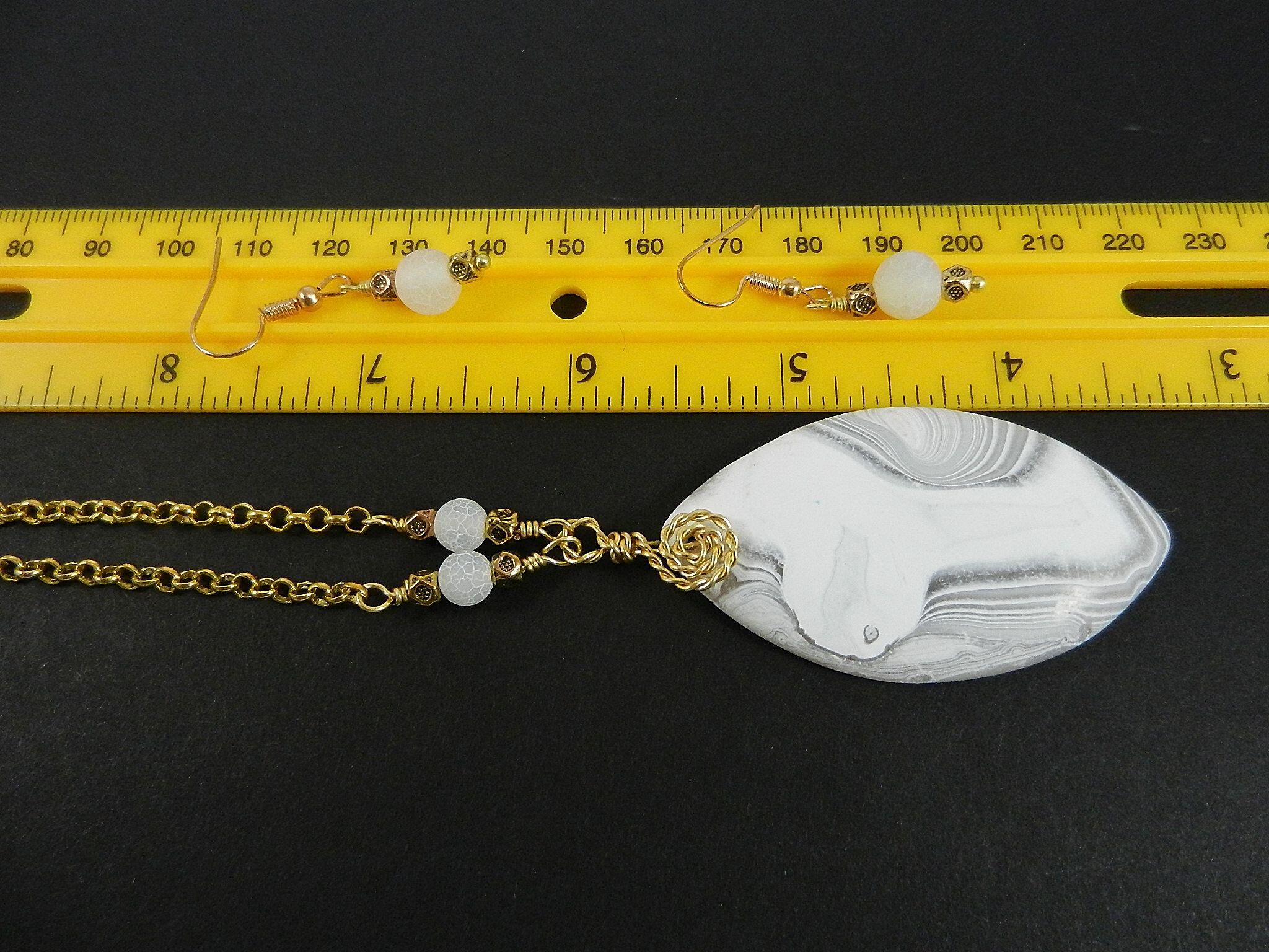 White Frosted Agate Pendant Gold Wire Wrapped with Matching Earrings