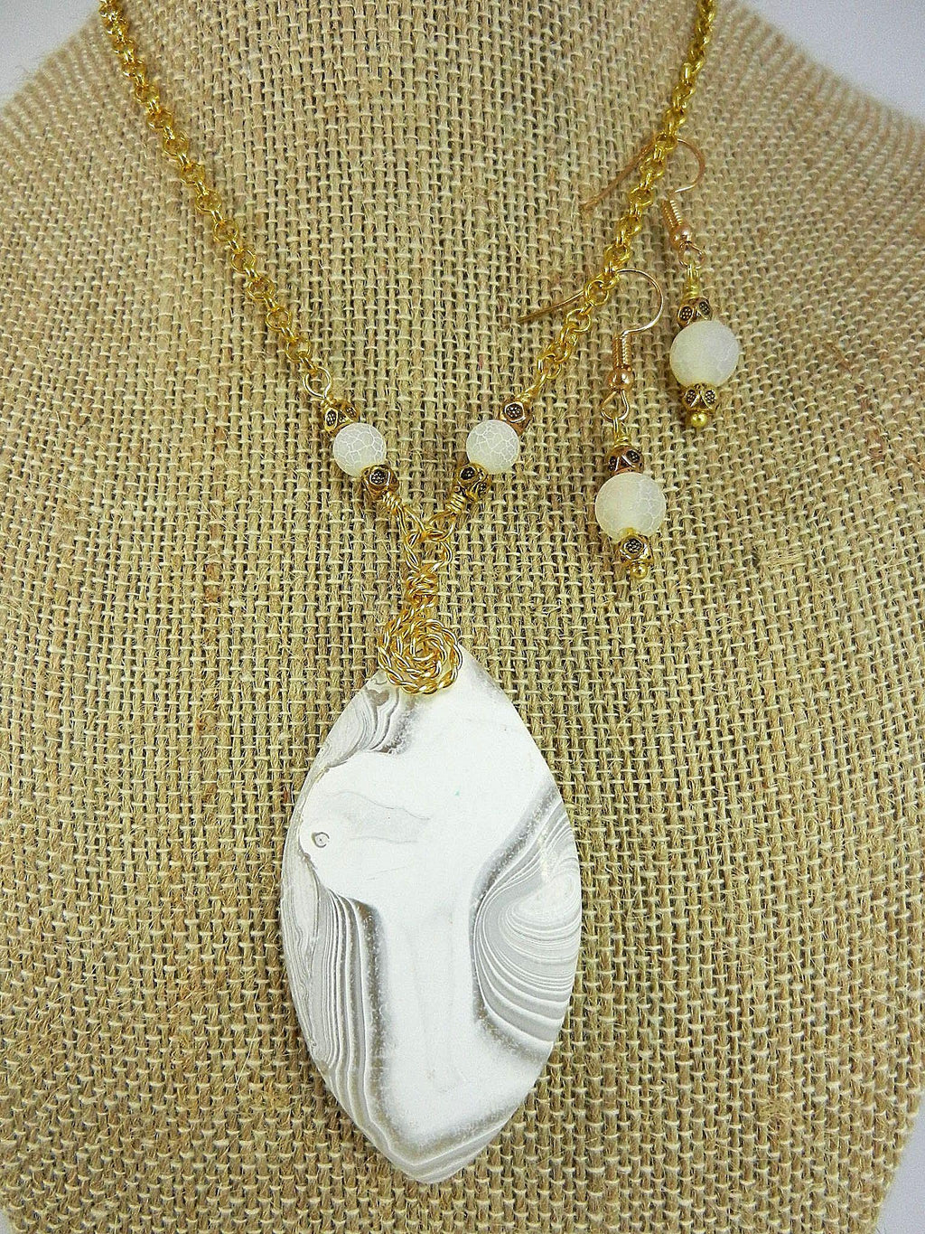 White Frosted Agate Pendant Gold Wire Wrapped with Matching Earrings