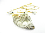 Tree Agate Heart Shaped Gemstone Pendant Gold Wire Wrapped with a White Background and Green and Grey Lines with Matching Earrings