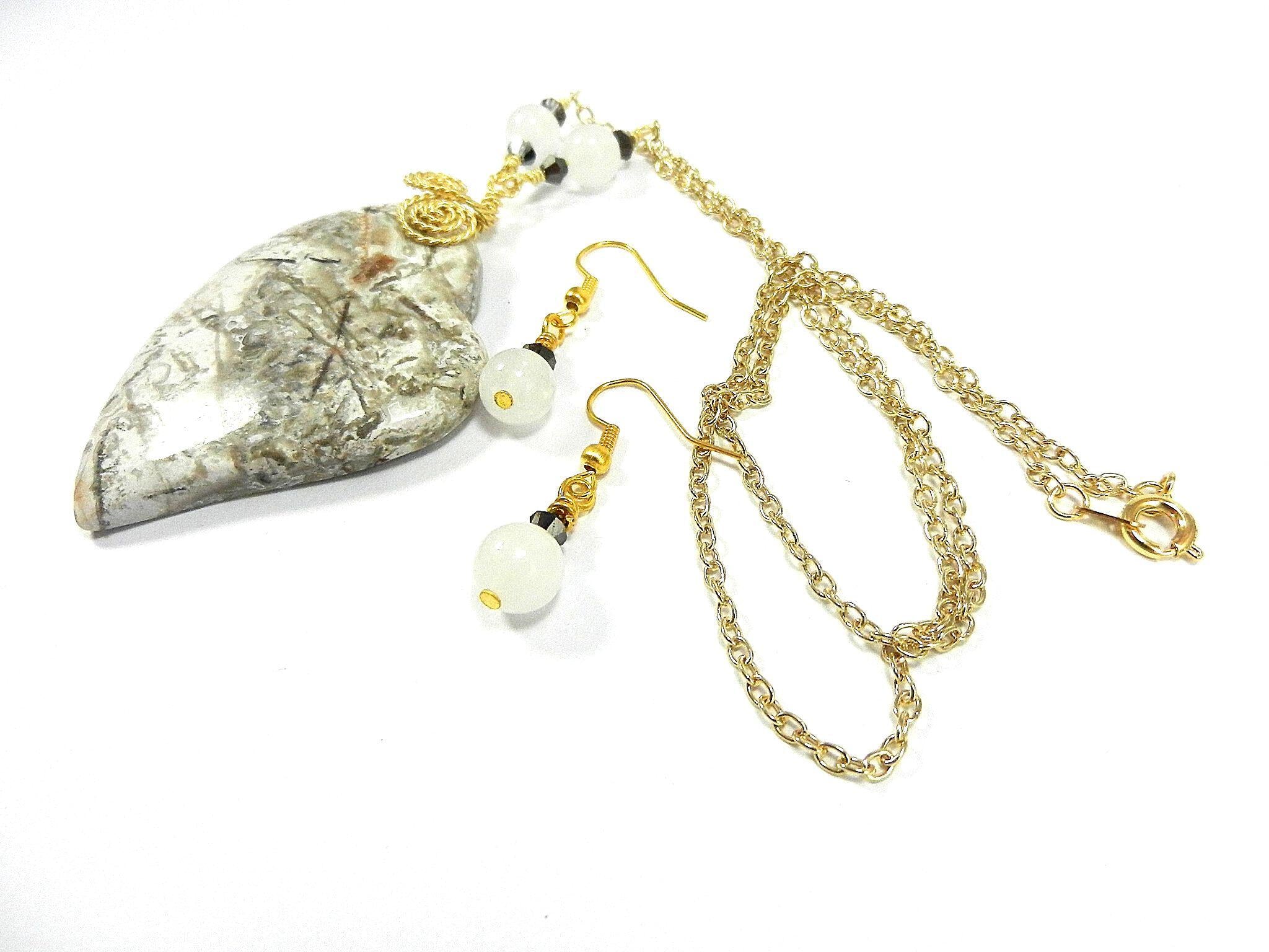 Tree Agate Heart Shaped Gemstone Pendant Gold Wire Wrapped with a White Background and Green and Grey Lines with Matching Earrings