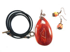 Orange Red Yellow and Cream Banded Agate Teardrop Gemstone Pendant with an Antique Copper Wire Wrapped Bail with Matching Agate Earrings and A Black Suede Necklace