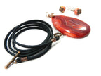 Orange Red Yellow and Cream Banded Agate Teardrop Gemstone Pendant with an Antique Copper Wire Wrapped Bail with Matching Agate Earrings and A Black Suede Necklace