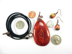 Orange Red Yellow and Cream Banded Agate Teardrop Gemstone Pendant with an Antique Copper Wire Wrapped Bail with Matching Agate Earrings and A Black Suede Necklace