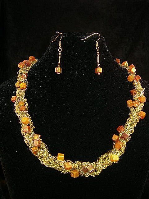 Gold Wire Crocheted Necklace with Matching Earrings