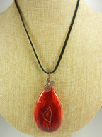 Orange Red Yellow and Cream Banded Agate Teardrop Gemstone Pendant with an Antique Copper Wire Wrapped Bail with Matching Agate Earrings and A Black Suede Necklace